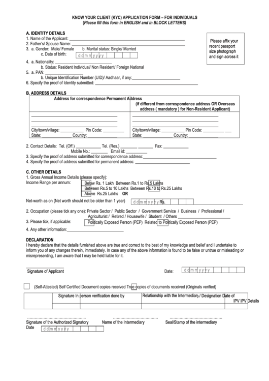 (Kyc) Application Form For Individuals Printable pdf