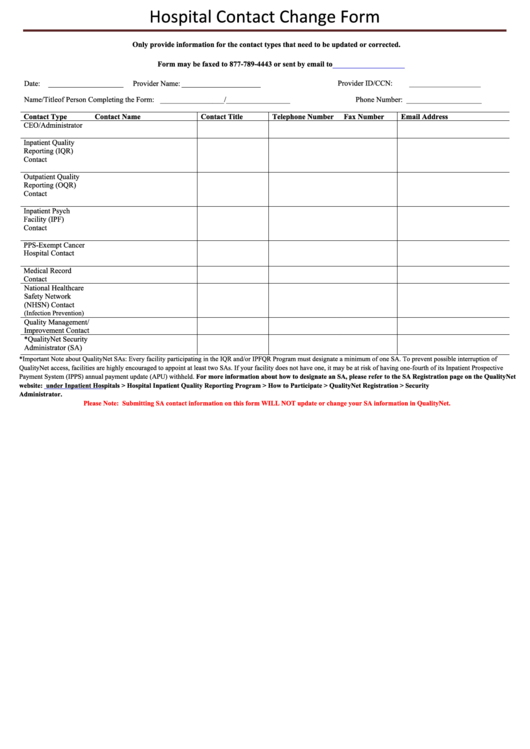 Fillable Hospital Contact Change Form - Quality Net Printable pdf