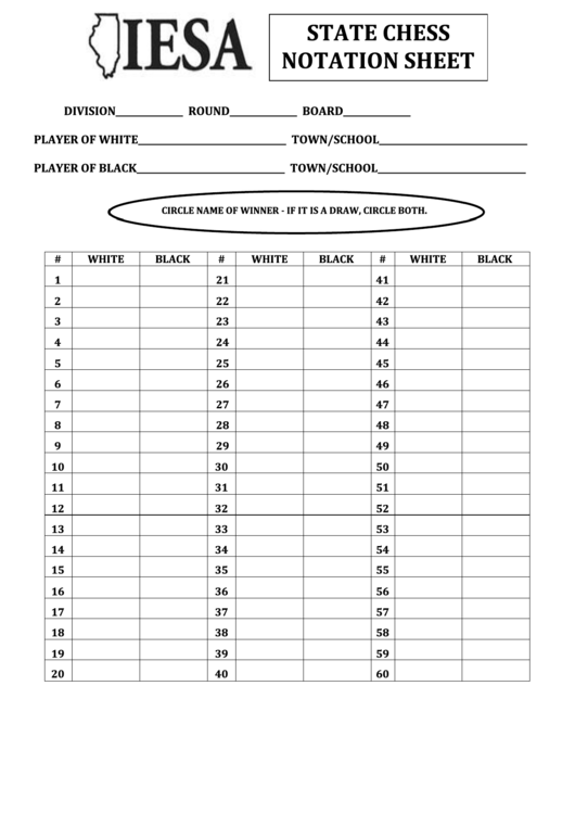 State Chess Notation Sheet - Iesa Printable pdf