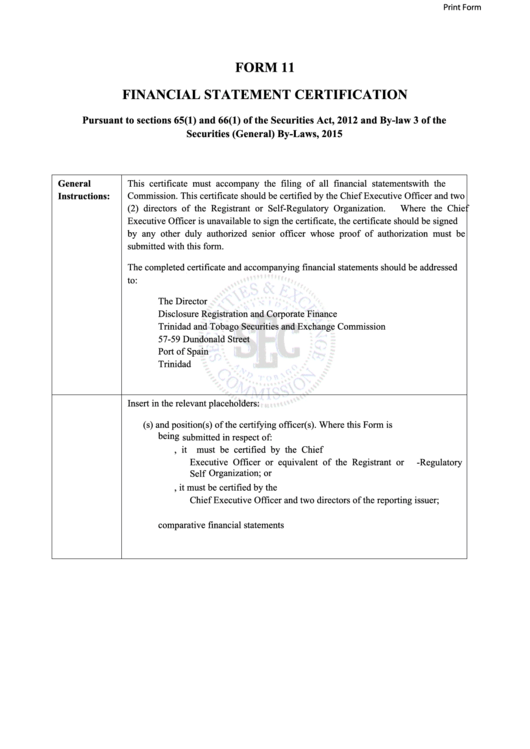 Fillable Form 11 Financial Statement Certification - Ttsec Printable pdf