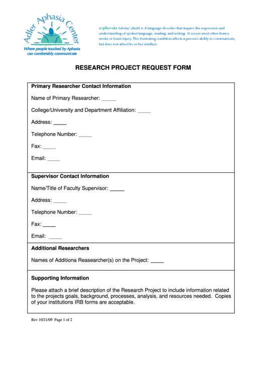 Research Project Request Form - Adler Aphasia Center Printable pdf