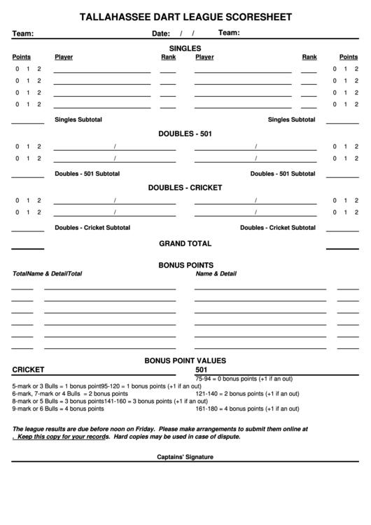 Tallahassee Dart League Scoresheet Printable pdf