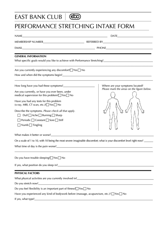 Performance Stretching Intake Form - East Bank Club Printable pdf