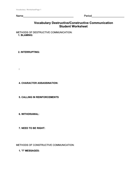 Vocabulary Destructive/constructive Communication Student Worksheet Printable pdf