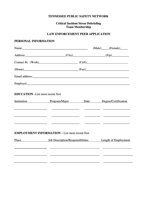 Law Enforcement Peer Application - Tennessee Public Safety Network Printable pdf