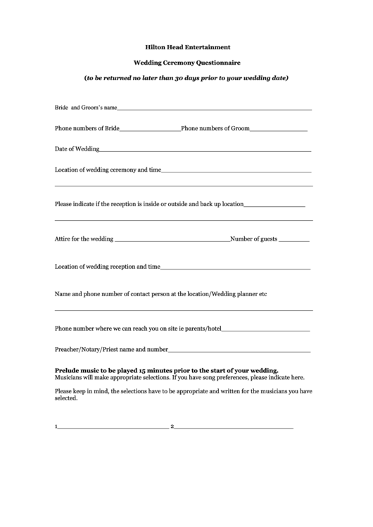 Wedding Ceremony Questionnaire Template