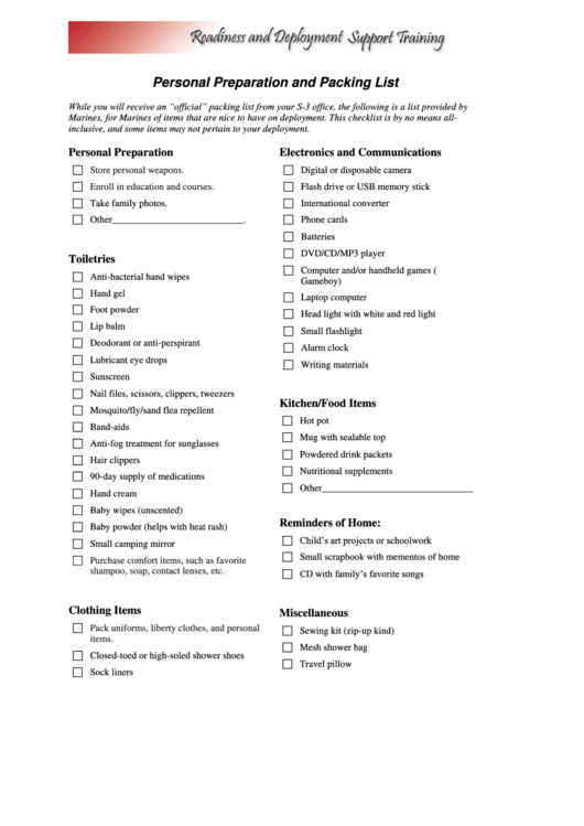 Personal Preparation And Packing List Template Printable pdf