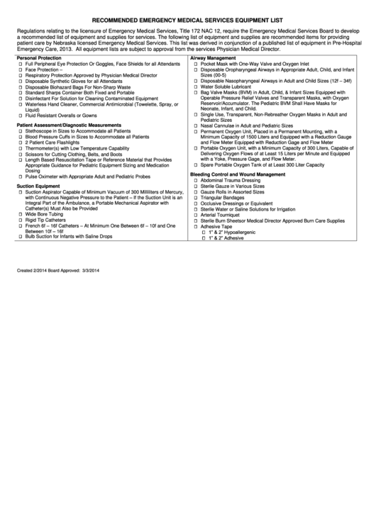 Fillable Recommended Emergency Medical Services Equipment List Printable pdf