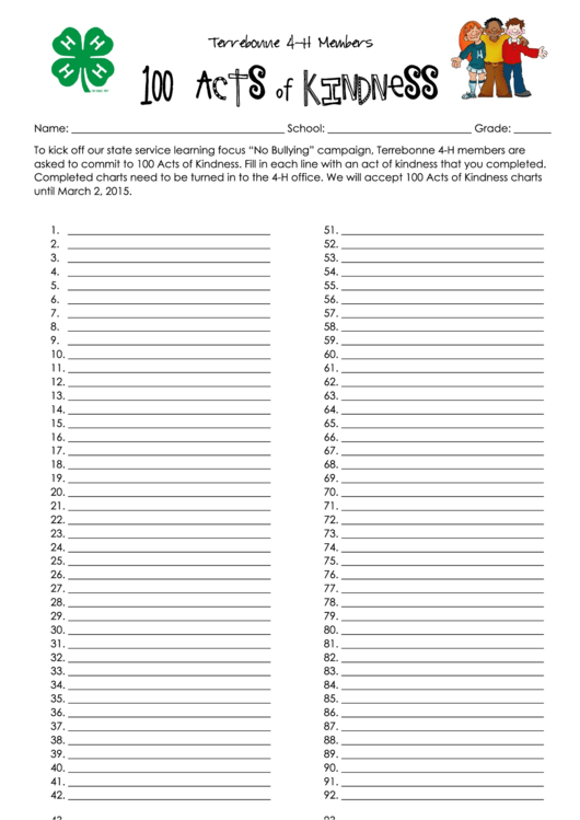 100 Acts Of Kindness Checklist Template Printable pdf