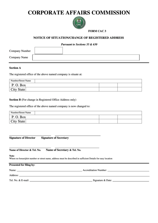 Notice Of Situation/change Of Registered Address - Corporate Affairs Commission Printable pdf