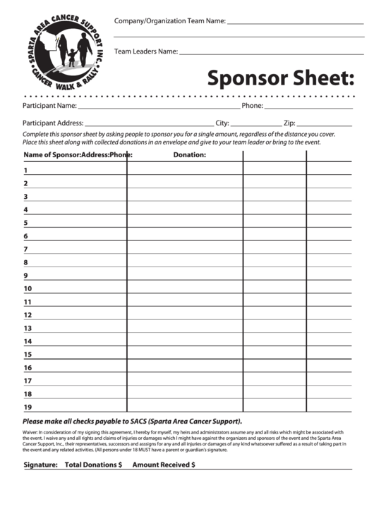 Sponsor Sheet - Sparta Area Cancer Support Inc. Printable pdf