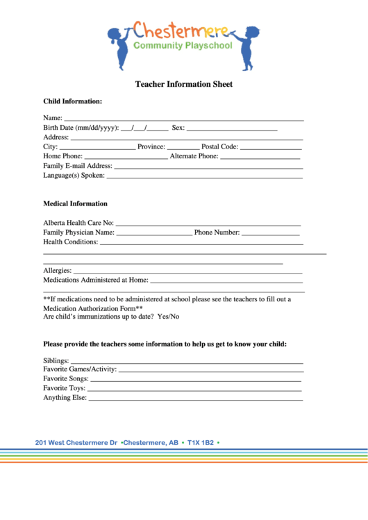 Teacher Information Sheet - Chestermere Community Playschool Printable pdf
