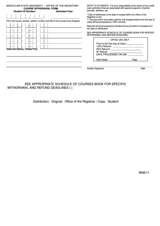 Course Withdrawal Form - Montclair State University Printable pdf