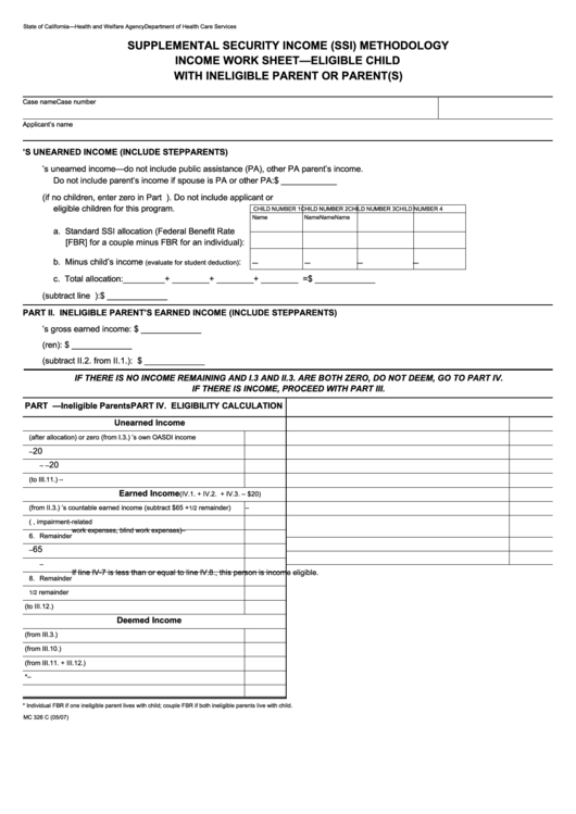 Mc 326 C Supplemental Security Income (Ssi) Income Work Sheet-Eligible Child Printable pdf