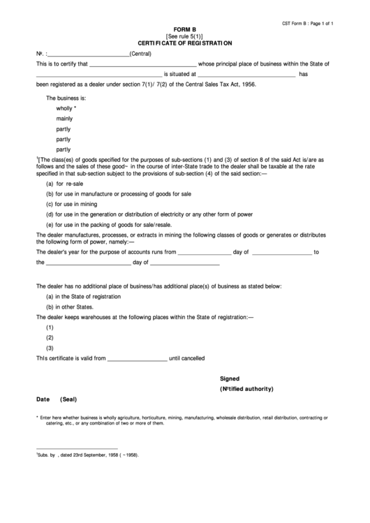 Cst Form B - Certificate Of Registration Printable pdf