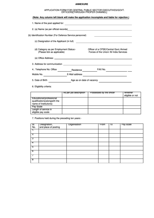 Annexure Application Form For Central Public Sector Executives/govt. Officers Printable pdf