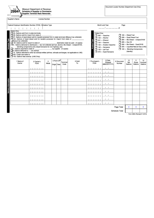 Fillable Form 2994 - Schedule Of Supplier Or Permissive Supplier Terminal Rack Removals Printable pdf
