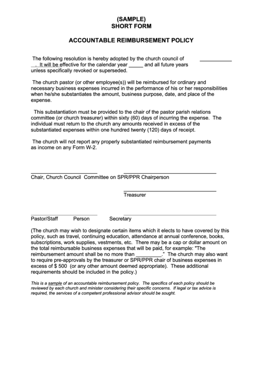 (Sample) Short Form Accountable Reimbursement Policy Printable pdf