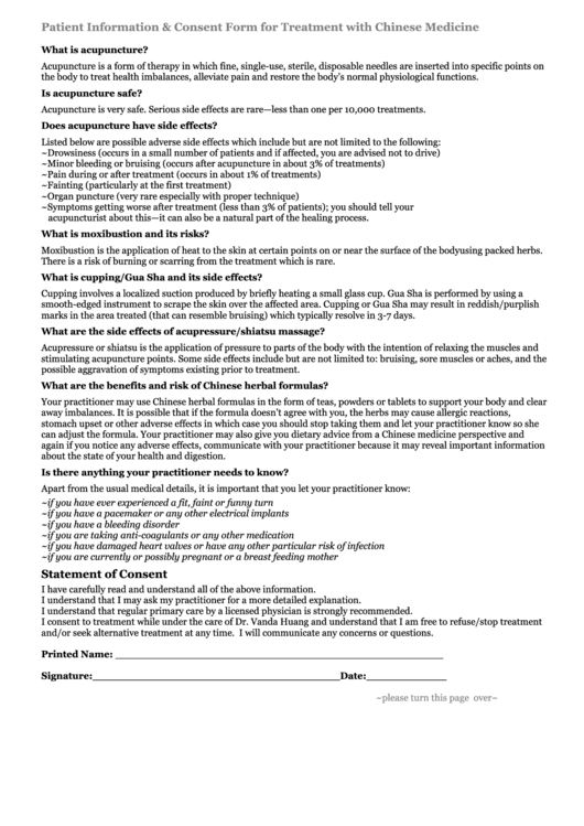 Patient Information Consent Form For Chinese Medicine Printable pdf