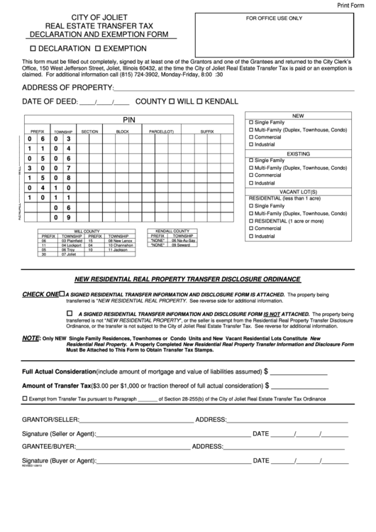 Fillable Declaration And Exemption Form - City Of Joliet Printable pdf