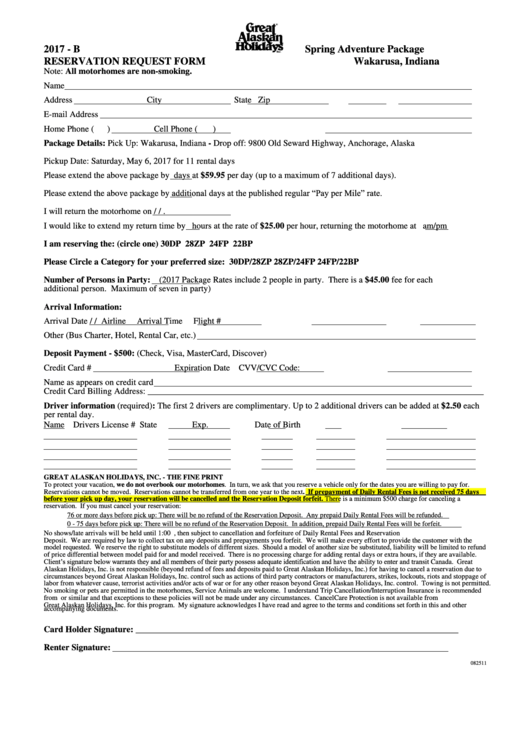 Reservation Request Form - Spring Adventure Package Printable pdf