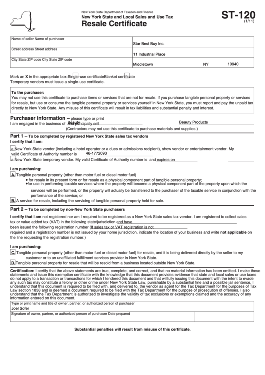 Fillable Form St-120:1/11:new York State And Local Sales And Use Tax Resale Certificate Printable pdf