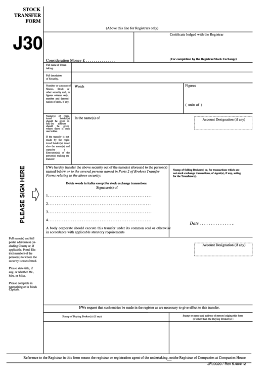 Fillable Form J30 - Stock Transfer Form Printable pdf