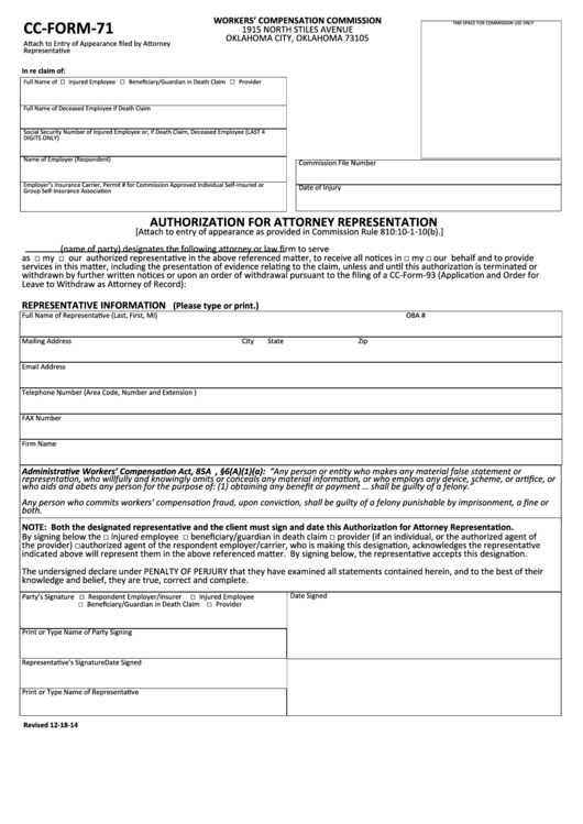 Fillable Cc-Form-71 - State Of Oklahoma - Authorization For Attorney Representation Printable pdf