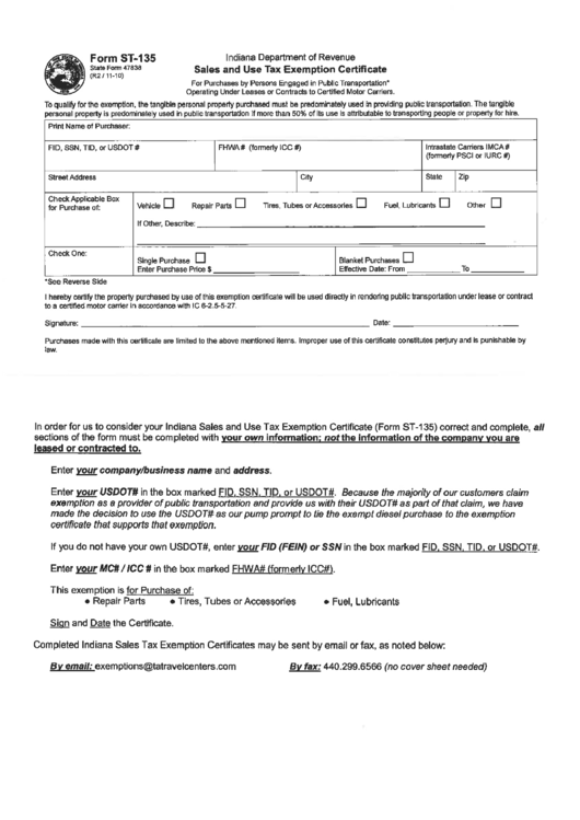 Indiana Department Of Revenue Sales And Use Tax Exemption Certificate Printable pdf