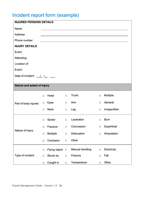 Incident Report Form (Example) Printable pdf