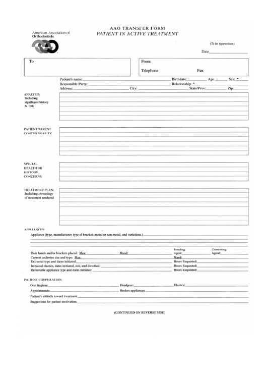 Fillable Aao Patient Transfer Form - Demarco - Tilkin Printable pdf