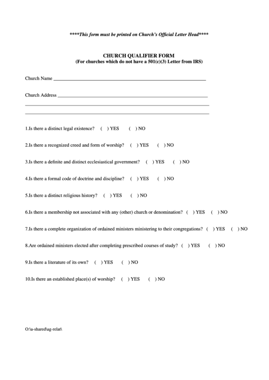 Church Qualifier Form Printable pdf