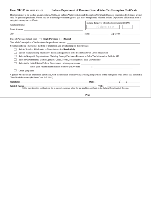 St-105 Form - Indiana Department Of Revenue General Sales Tax Exemption Certificate