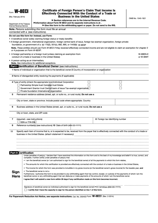 Fillable Form W-8eci - Certificate Of Foreign Person