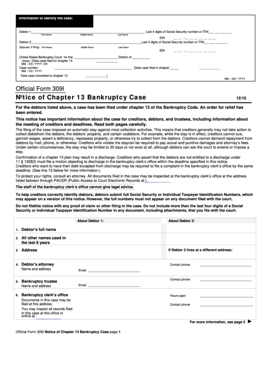 Official Form 309i Notice Of Chapter 13 Bankruptcy Case Printable pdf