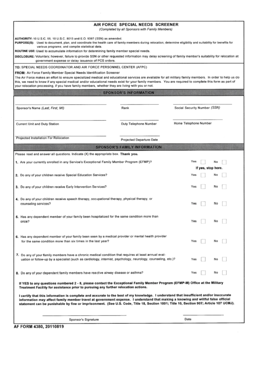 Af Form 4380 - Air Force Special Needs Screener Printable pdf