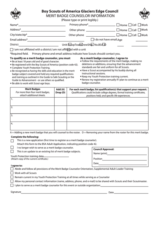 Fillable Form 34405 Gec - Merit Badge Counselor Information - 2016 Printable pdf