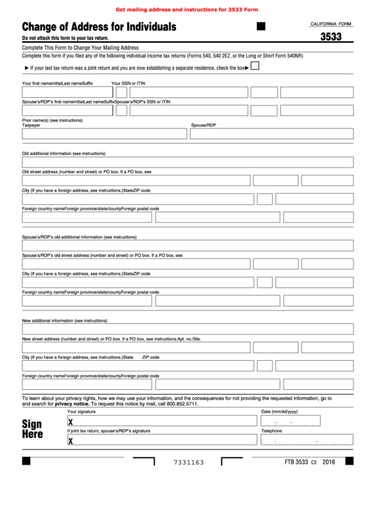 Fillable Form 3533 - Change Of Address For Individuals Printable pdf
