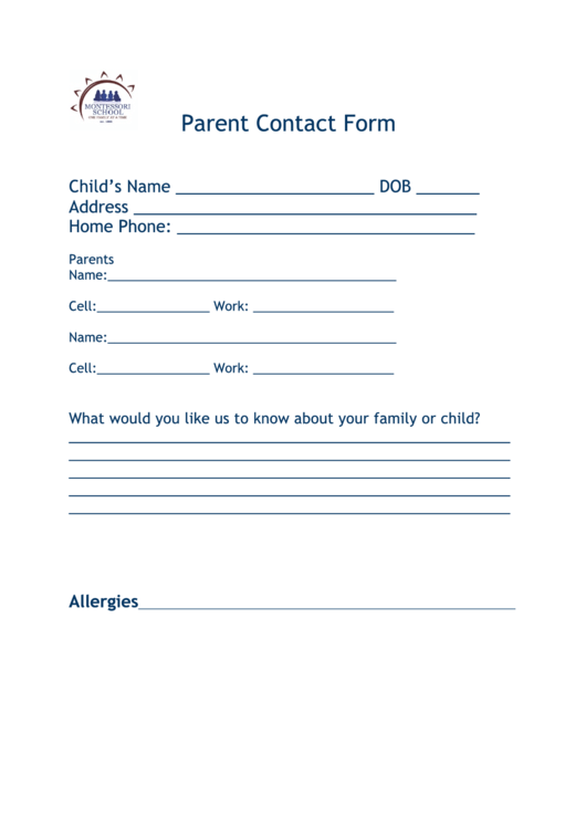 Parent Contact Form - Montessore School Printable pdf