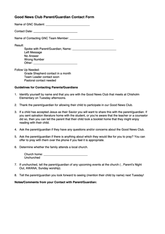Good News Club Parent/guardian Contact Form Printable pdf