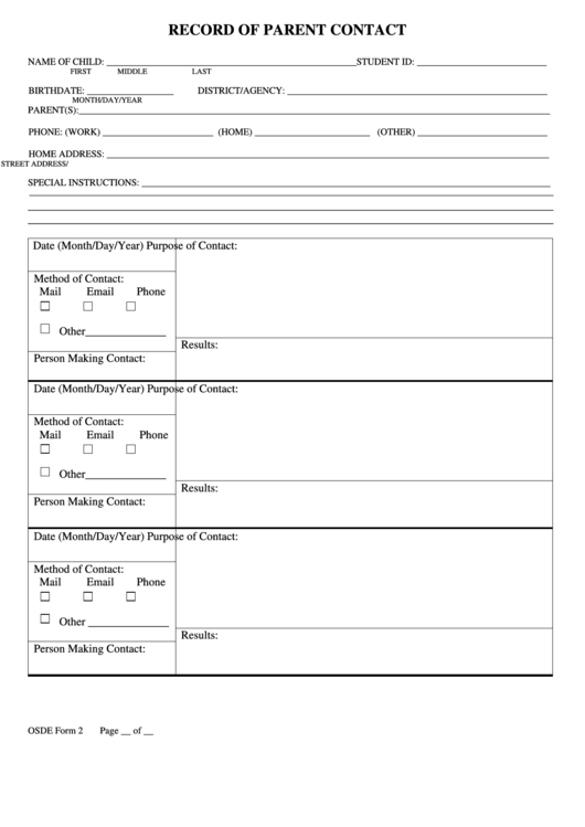 Fillable Form 2: Record Of Parent Contact Printable pdf