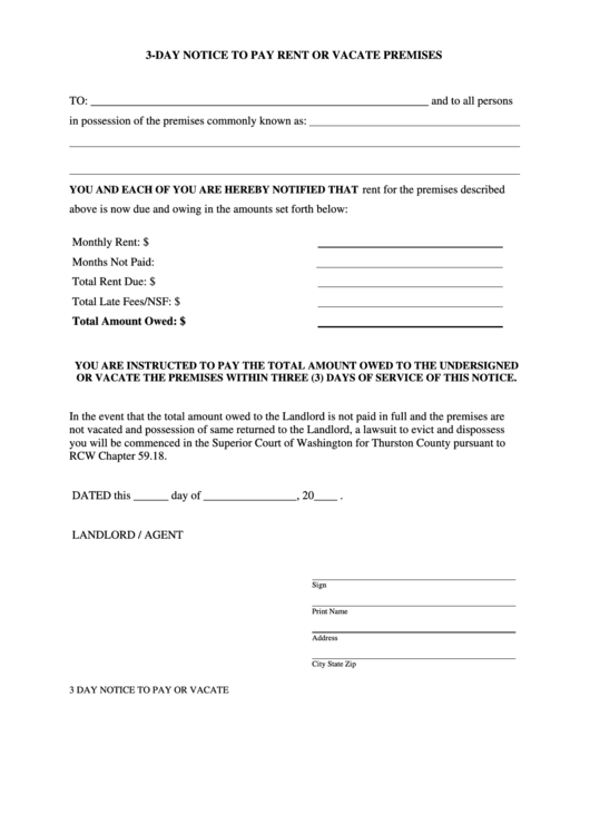 3-Day Notice To Pay Rent Or Vacate Premises Printable pdf