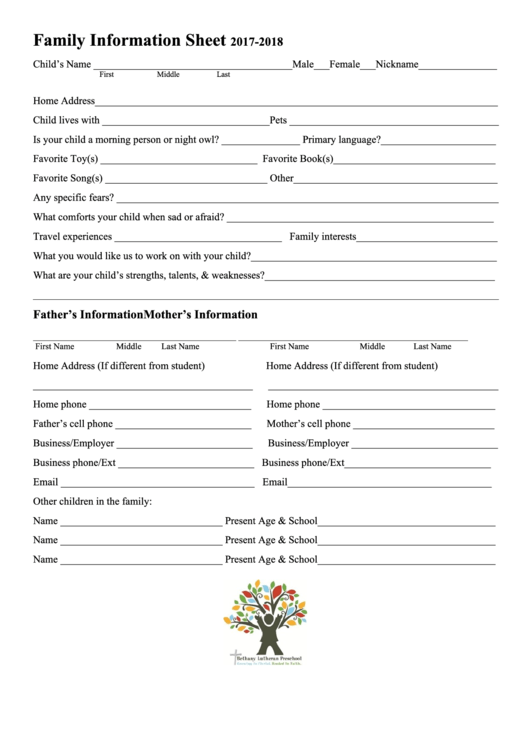 Family Information Sheet Printable pdf