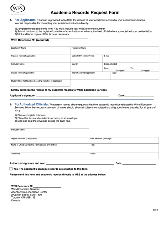 Fillable Academic Records Request Form - World Education Services Printable pdf