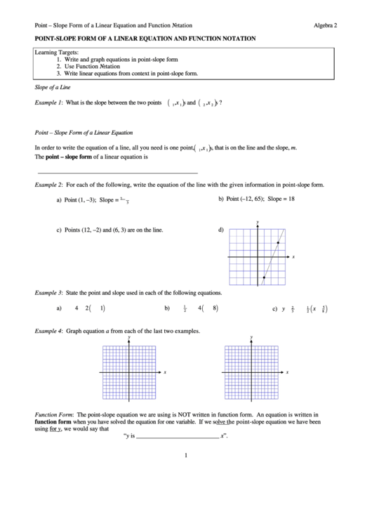 Point-Slope Form Of A Linear Equation And Function Notation Printable pdf