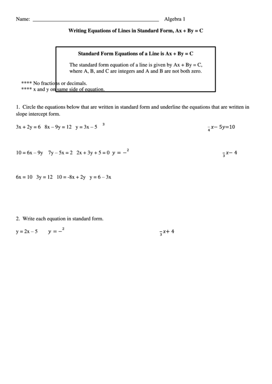 Writing Equations Of Lines In Standard Form Printable pdf