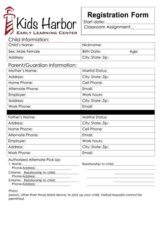 Registration Form - Kids Harbor Printable pdf
