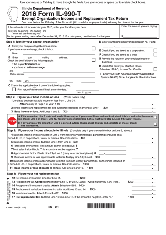 Fillable Form Il-990-T - Exempt Organization Income And Replacement Tax Return - 2016 Printable pdf
