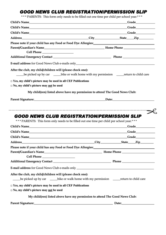 Good News Club Registration/permission Slip Template Printable pdf