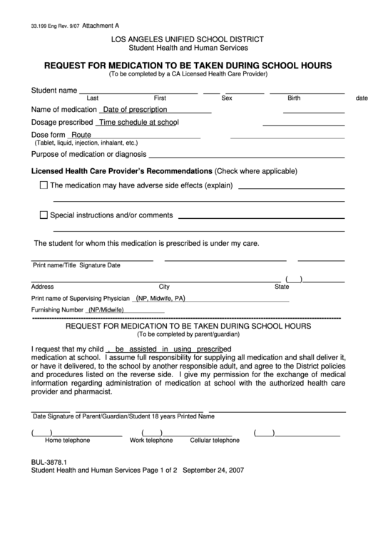 Request For Medication To Be Taken During School Hours Printable pdf